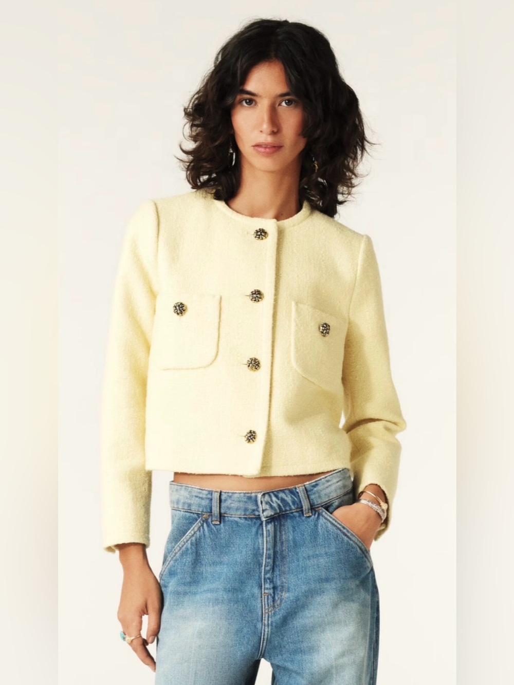 ba&sh Meredith Tweed Cropped Jacket Yellow Gold Buttons Size Small $395
